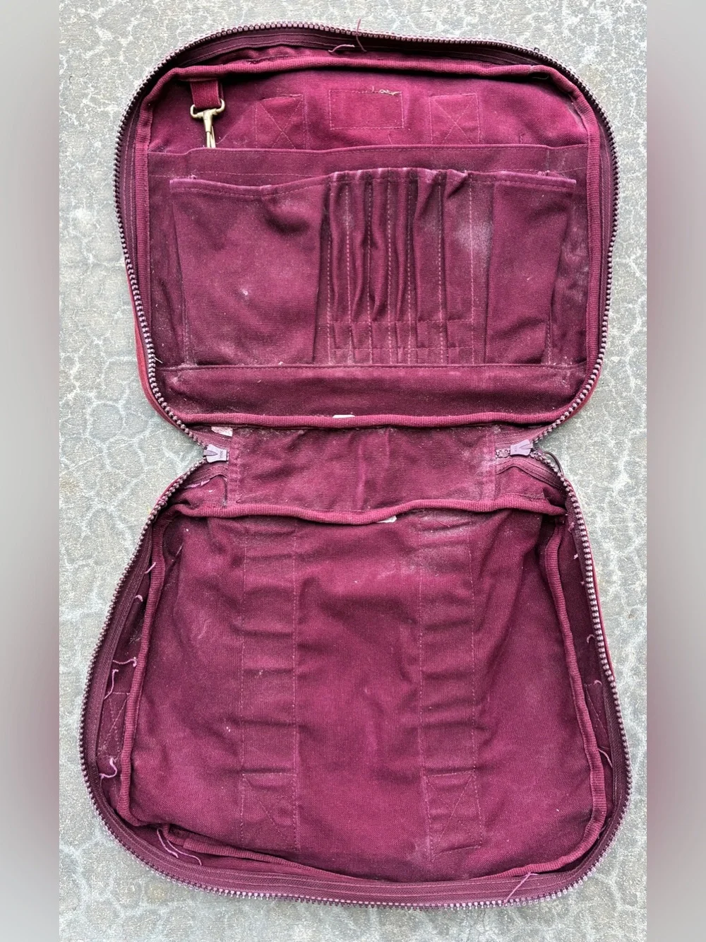 Lands End Canvas Square Messenger USA Made Maroon Distressed Bag Has Been Washed